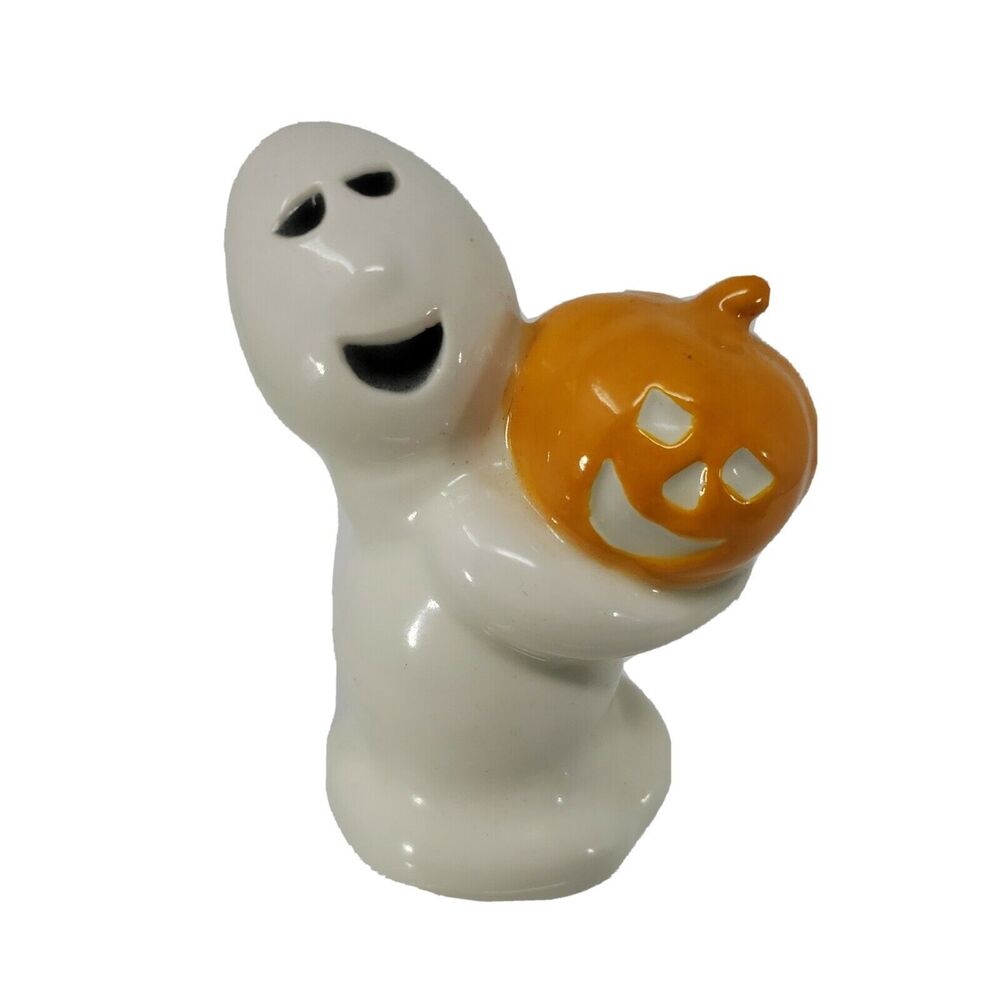 Halloween Ghost Holding Jack O'Lantern Pumpkin Ceramic VTG Figurine Iowa USA